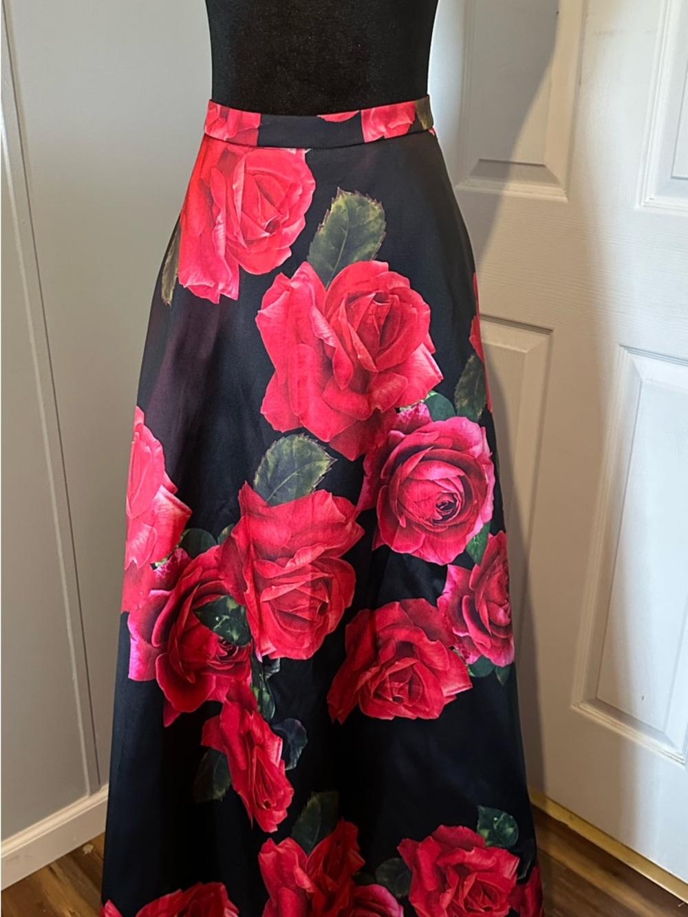 B Darlin Floral Red Rose A-Line Maxi Skirt - Black Background